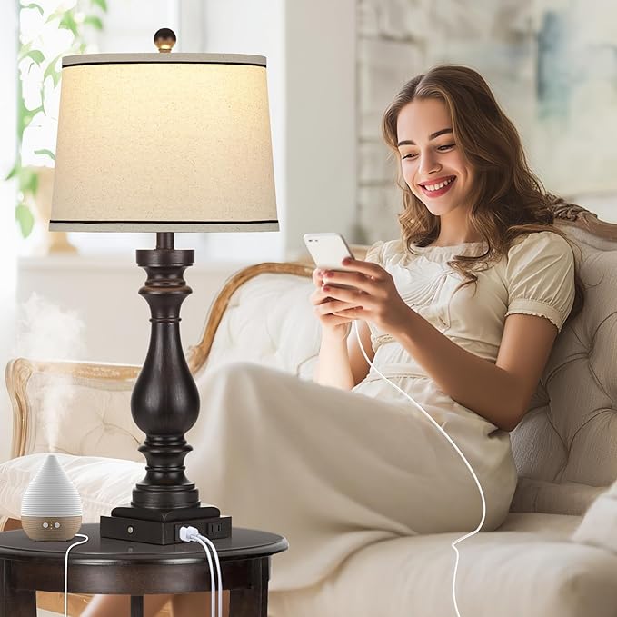 27.5" Tall Table Lamp for Living Room,Farmhouse Vintage Bedside Nightstand Lamp with USB C+A Ports & AC Outlet,3-Way Dimmable Touch Control Retro Black Lamp for Bedroom,Single Black