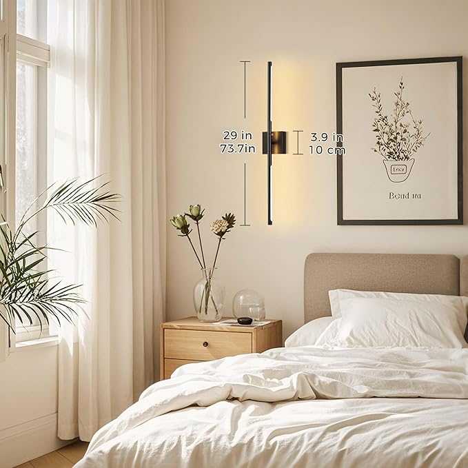 DORESshop Battery Operated Wall Sconces Set of Two with Remote Control, Rechargeable Wall Sconce, 350°Rotate Dimmable Wireless Wall Sconce for Living Room, Hallway, Bedroom, 29 Inch, Black(2 Pack)