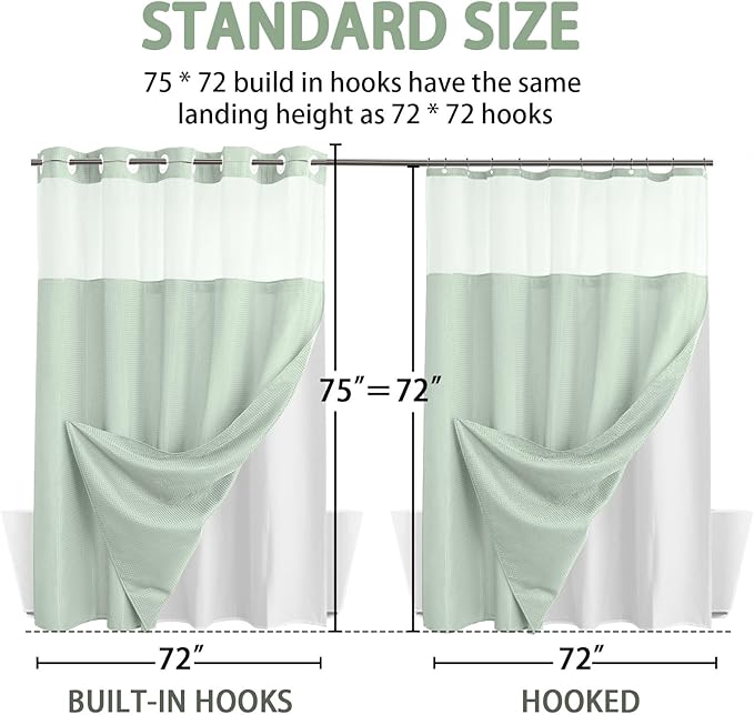 YellyHommy No Hook Shower Curtain with Snap in Liner Set Less Time Waffle Shower Curtain for Bathroom 75" L x 72" W Mint Green