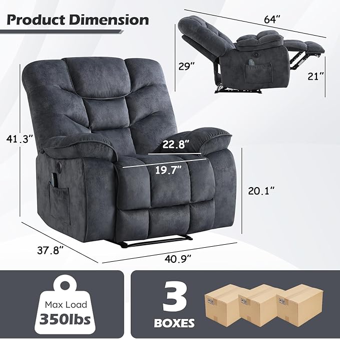 Oversized Electric Recliner Chair with Massage and Heat, 41" Wide Power Reclining Chairs with USB Port, Breathable Fabric Overstuffed Reclining Sofa for Living Room Bedroom (No Lift)