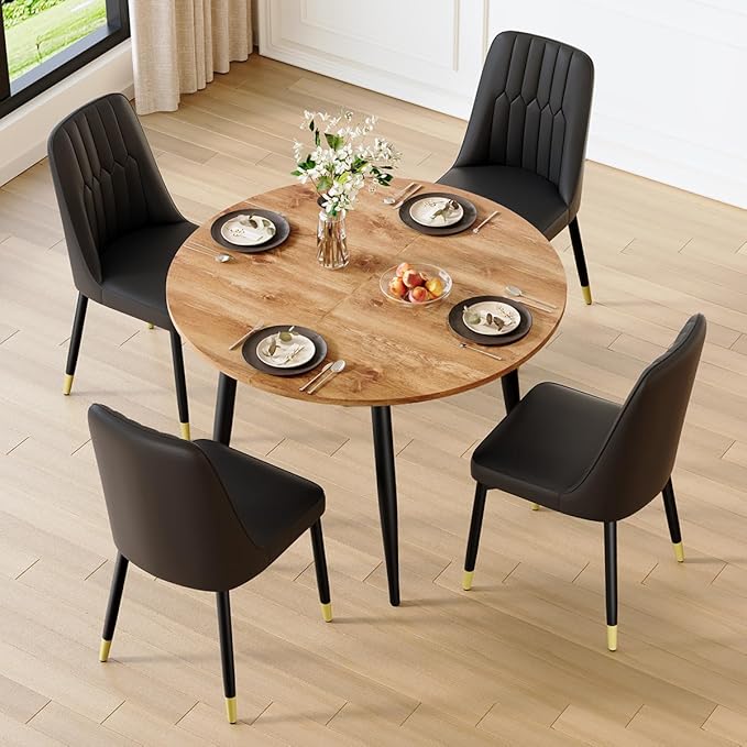 42"-54" Extendable Dining Table Set for 4, Round Dining Table Set for 4, 0.73" Thick Wood Tabletop with Smooth Edge, Black Metal Leg with Non-Slip Footmat, 4 Soft PU Chairs, for Kitchen, Small Space