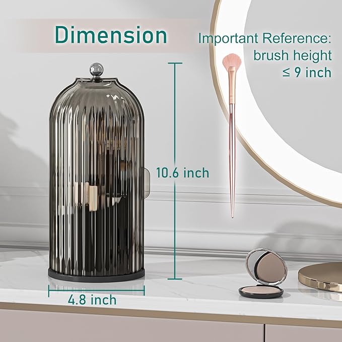 GAXmi Makeup Brush Holder with Lid Cosmetic Tools Organizer 360 Rotating Waterproof Dustproof Beauty Brushes Storage for Vanity, Black-Grey