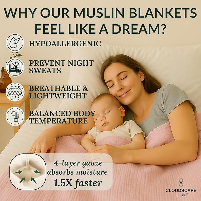 Soft 4 Layer Muslin Cotton Blankets Queen Size for Bed, 100% Cotton Blanket for All Season, Pre-Washed Gauze, Best Summer Blanket, 92x92, Seashell Pink