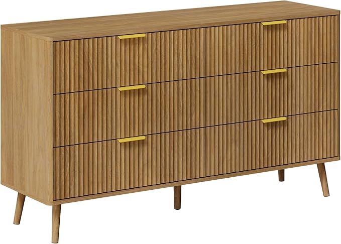LYNSOM 55" Wide Fluted Dresser for Bedroom with 6 Drawer, Modern Chest of Drawers with Curved Profile Design and Metal Handles, Wood Dresser TV Stand & Storage Organizer for Living Room, Natural Oak