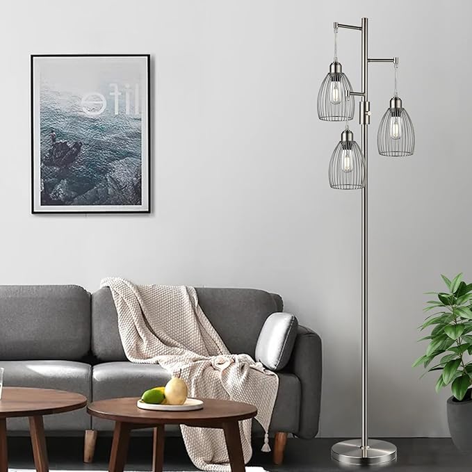 Dimmable Floor Lamp, Metal, 3 x 800LM LED Edison Bulbs Included, Industrial Floor Lamp Standing Tree Lamp with Elegant Teardrop Cage Heads Tall Lamps for Living Room Bedroom-Brushed Nickel