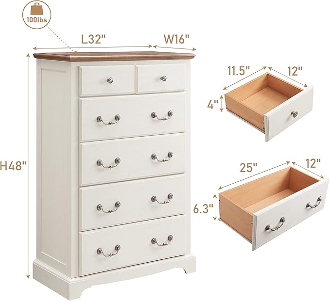 RedLemon 48" Tall Dresser for Bedroom, Modern 6 Drawers Dresser with Vintage Styles Pulls, Wood Rustic Closet Chest of Drawers for Living Room, Hallway, Antique White