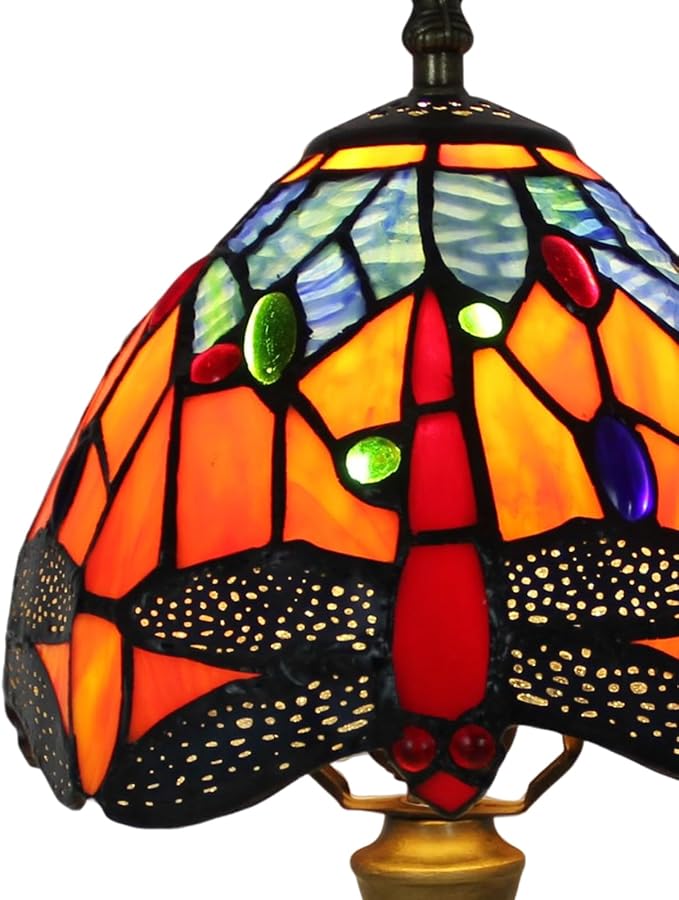 8 inch Dragonfly Tiffany Style Table lamp Vintage Small Blue Orange Stained Glass Shade Light Home livingroom Bedroom Bedside Light Desk Decor Decoration 14.6" Tall