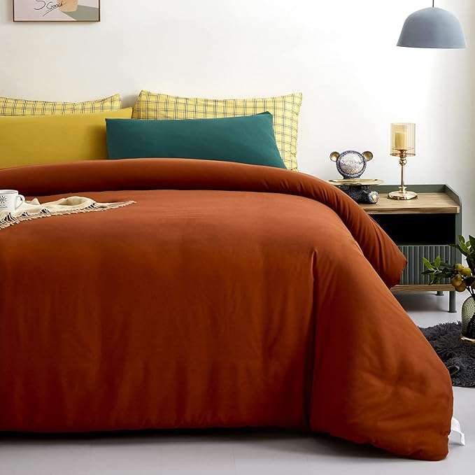 Cottonight Burnt Orange Comforter Set - Full Rust Caramel Bedding - Match Color Solid Cotton Reddish Terracotta Blanket Quilts - Soft Breathable Modern Comforter Set for Women, Men, Adults, Kids