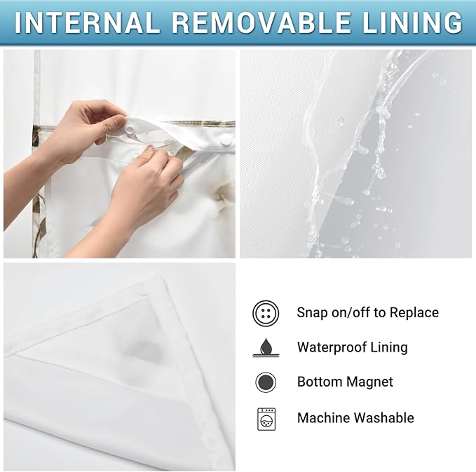 No Hook Shower Curtain with Snap in Liner - Eucalyptus Shower Curtain - Washable Waterproof Inner Liner, Plants Taupe Leaves Modern Shower Curtains - Machine Washable, 71 x 74