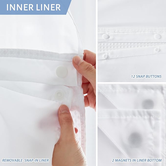 Furlinic Extra Long Waffle Weave No Hook Shower Curtain with Snap in Liner,Heavy Duty Textured Fabric Bathroom Curtains,Hotel Style with Mesh Top Window,Waterproof & Machine Washable,White,71x96.