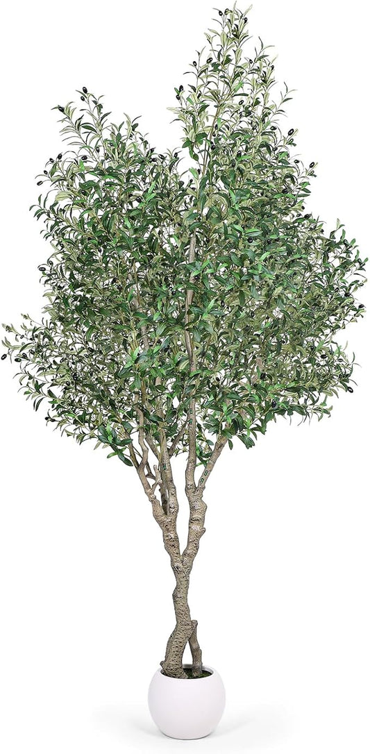 Artificial Olive Tree 8FT, Indoor Fake Silk Plant with Realistic Trunk, Leaves, Fruits and White Planter, Faux Potted Tree for Home Decor and Housewarming Gift, 1 Pack