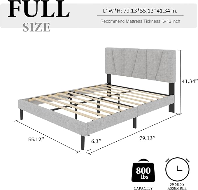 Full Size Bed Frame with Fabric Upholstered Headboard, Platform Bed with Wooden Slats Support, Fully Mattress Foundation, Box Spring Optional, Easy Assembly