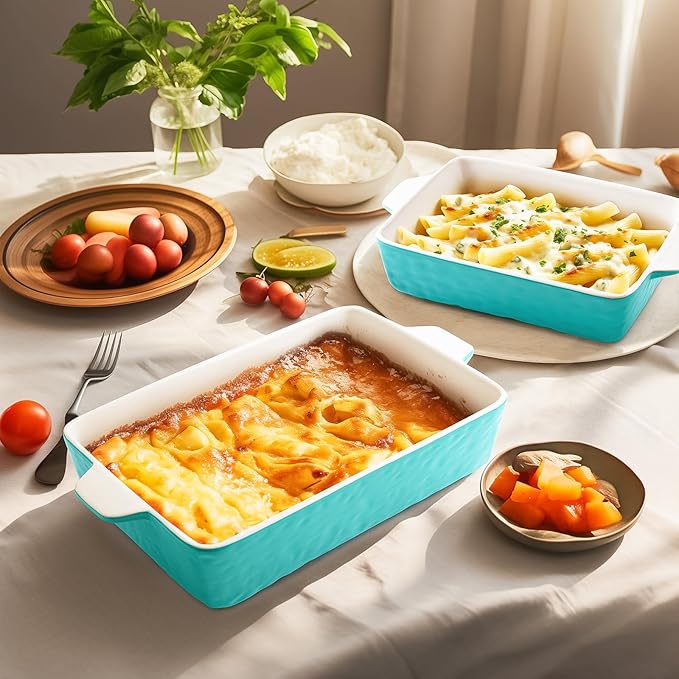 Casserole Dishes for Oven, Ceramic Baking Dishes, Lasagna Pan with Handles, Porcelain Baking Pan Deep, Bakeware for Baking, Cooking, Wedding Gift, Set of 3 (11.6" x 7.8", Aquamarine)