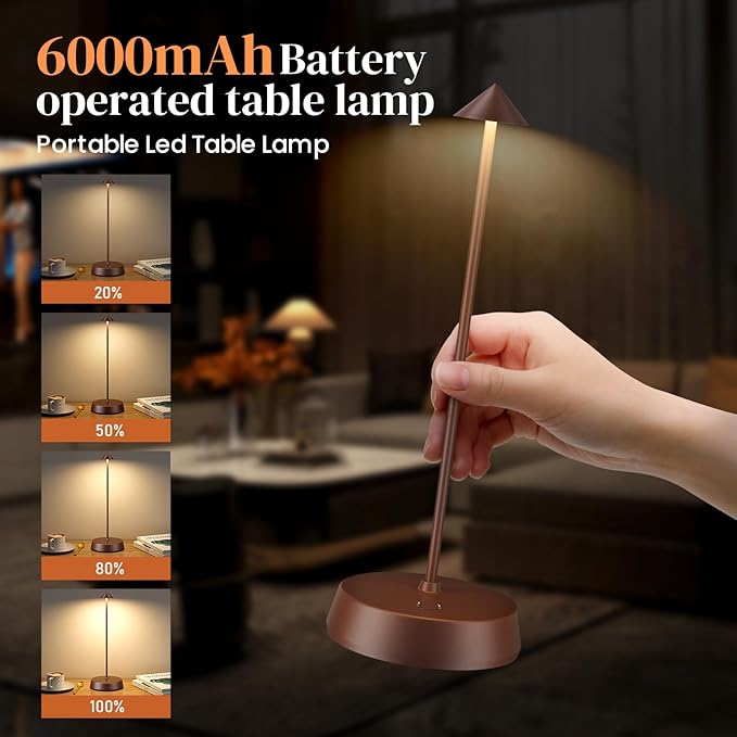 Cordless Table Lamp Rechargeable, Battery Operated 6000mAh Desk Lamp Touch Dimmable Lamp Outdoor Waterproof Portable Wireless Table Light, Small Table Lamp for Restaurant Bar/Outdoor (Brown-2PC)