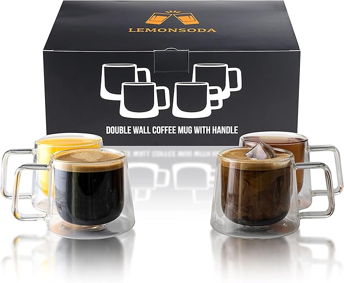 LEMONSODA Double Walled Glass Coffee Drink Mug with Handle - Set of 4 (250 mL / 8.5 fl. oz) Insulated Thermal Mugs Glasses For Tea, Coffee, Latte, Cappucino, Cafe, Milk - Housewarming Gifts