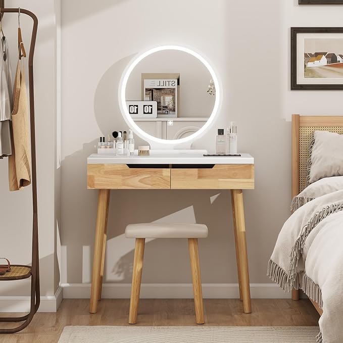 YOURLITE Makeup Vanity Desk with Lights,Small Vanity with Adjustable Brightness Mirror for Small Spaces, Dressing Table with Drawers (31.5", Circular Mirror Wood)