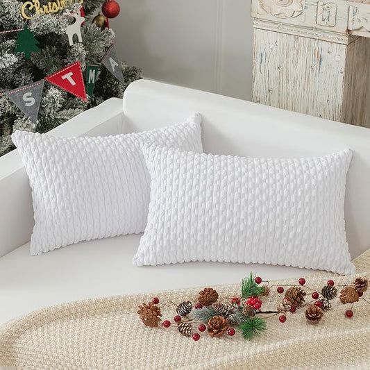 Kevin Textile Pack of 2 Velvet Pillow Covers Striped Throw Cushion Case Set Accent Corduroy Lumbar Pillowcases with Hidden Zipper for Home Decor Indoor Outdoor (12x20 Inch Pure White)