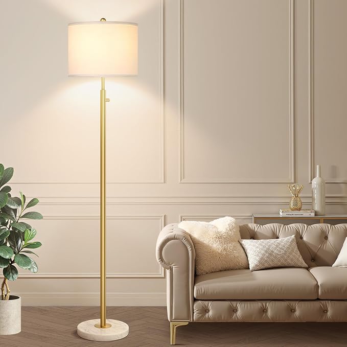 【Upgraded】Dimmable Gold Floor Lamp for Living Room, 11W LED Bulb Included, Modern Standing Lamp with Marble Base, Tall Pole Light with White Linen Shade for Bedroom Reading Office Corner Nursery
