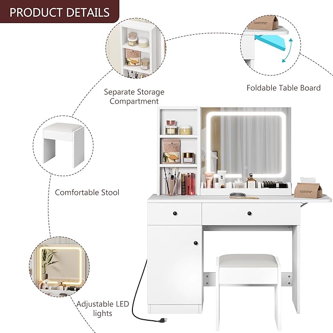GarveeHome Makeup Vanity Desk with Mirror and Lights, Vanity Table Set with Drawer & Power Outlet ＆ Chair & 3 Shelves, Bedroom, White