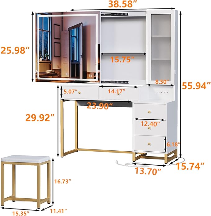 White Makeup Vanity Desk with Sliding Mirror and LED Lights,Power Outlet&Vanity Stool for Makeup Table,Makeup Organizer Countertop Cabinets&5 Storage Drawers, Vanity Table for Women
