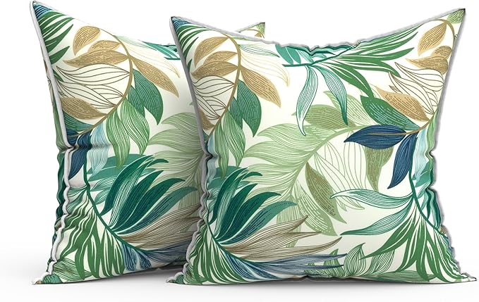 Outdoor Throw Pillow Covers Pack of 2, Decorative Water Repellent Square Pillow Cases 18x18 Inch, Patio Pillowcases for Home Patio Furniture Use, Lush Leaf Green