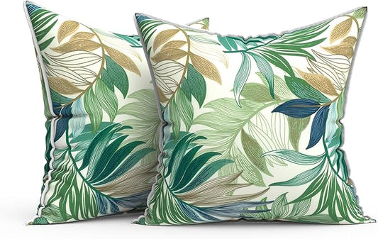 Outdoor Throw Pillow Covers Pack of 2, Decorative Water Repellent Square Pillow Cases 18x18 Inch, Patio Pillowcases for Home Patio Furniture Use, Lush Leaf Green
