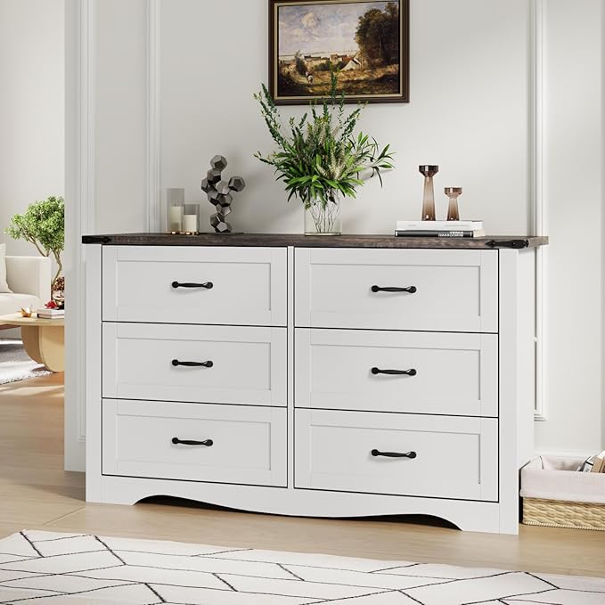 Loomie Farmhouse 6 Drawers Double Dresser for Bedroom, Modern White Dresser Chest of Drawers, Wide Dressers Organizer, Accent Storage Cabinet for Closet, Living Room, Hallway, Antique White