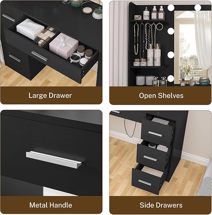 Large Makeup Vanity, 42.1" Vanity Desk with Mirror and Lights, Makeup Vanity Table with 7 Drawers, 4 Shelves, 5 Jewel Hooks & Power Strip, Vanity Desk Set for Bedroom, White