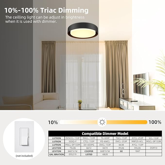 Hlite 13 inch Ceiling Light Fixture,Modern LED Flush Mount Ceiling Light,3000K/Warm White/24W,Dimmable 1920LM Rustic Indoor Room Decorative Ceiling Lights for Bedroom Kitchen, Black(1 Pack)