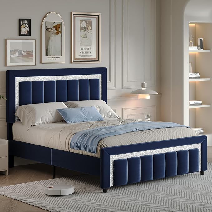HOMBCK Queen Bed Frame with Headboard and Footboard and Footboard, Velvet Upholstered Platform Bed Frame with Diamond Design, No Box Spring Needed, Easy Assembly, Blue