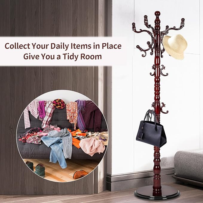 Coat Racks freestanding, High-grade Wooden Tree Coat Rack, Coat Rack Stand With 14 Hooks & Stable Disc Base, For such as coats, jackets, Home Office Hats Tree Hanger (black red)