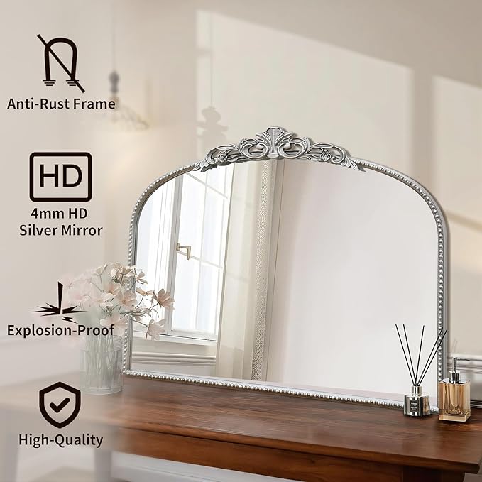 Micasso Silver Vintage Wall Mirror: 24"x 32" French Baroque Antique Arched Wall Mounted Mirror - Traditional Ornate Decorative Entryway Mirror for Home Decor/Entryway/Fireplace/Living Room/Hallway