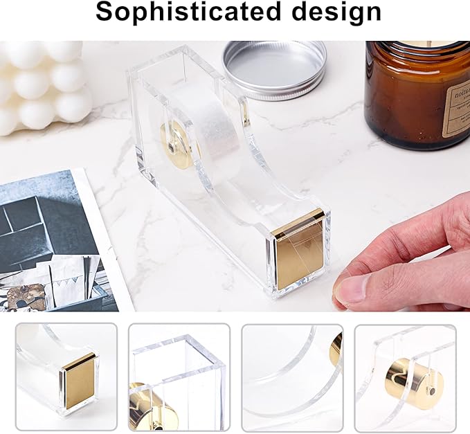 EOOUT Gold Office Supplies Set Desk Accessories, Acrylic Stapler Set Staple Remover, Phone Holder, Tape Holder, Pen Holder, 2 Ballpoint Pen, Scissor, Binder Clips, Ruler, Transparent Glue and Staples.