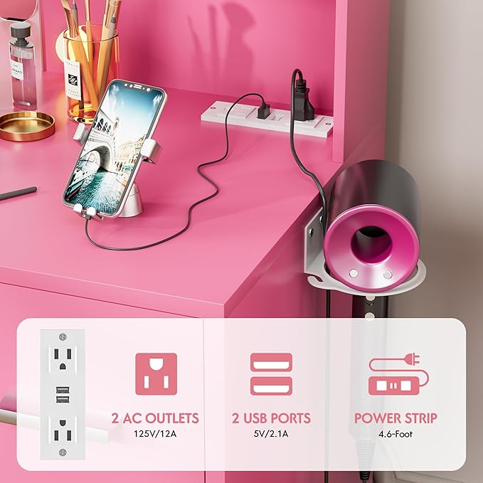 VICTONE Vanity Desk with LED Lighted Mirror&Power Outlet, 3 Model Lights Makeup Vanity Table with 7 Drawers and 6 Storage Shelves for Bedroom and Dressing Room (Dark Pink)