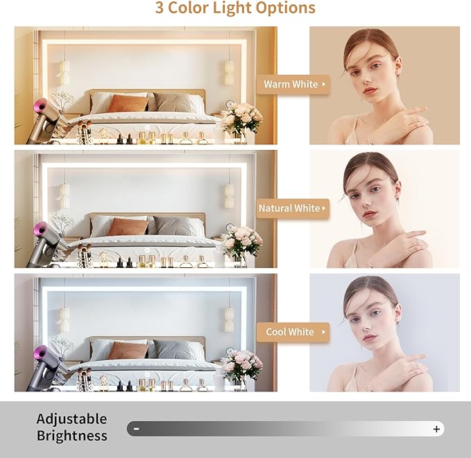 VOWNER Vanity With Lighted Mirror - Makeup Desk With Power Outlet and 9 Drawers, 3 Color Lighting Modes Adjustable Brightness, 43" Table With Soft Cushioned Stool for Bedroom, White