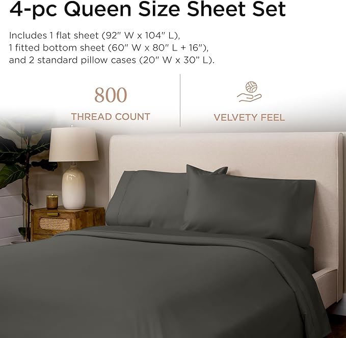 Threadmill Luxury 800 Thread Count Queen 100% Cotton Sheets - Dark Grey Sateen Weave Bed-Sheets, Better Than Egyptian Cotton,4 Pc Solid Soft Bedding Set, Fits 16" Deep Pocket