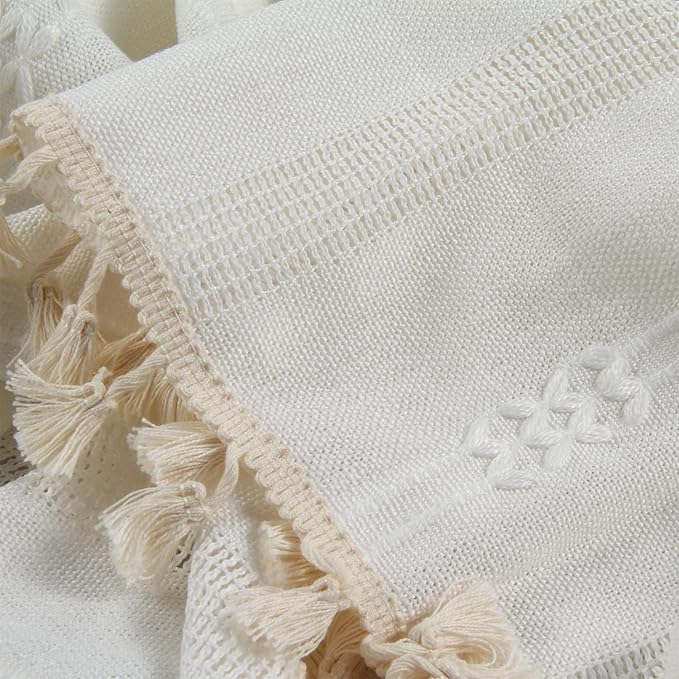 Boho Curtains Embroidery Linen Curtains 96 Inches Long 2 Pannels for Bedroom Off White Country Farmhouse Curtains Light Filtering Curtains for Living Room Rod Pocket Drapes(52" W x 96" L,White)