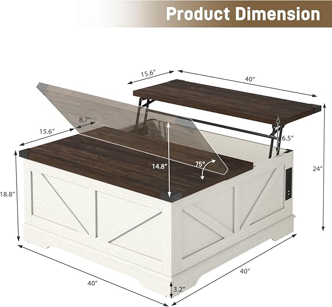 40” Large Farmhouse Lift Top Coffee Table with Power Outlets and Large Hidden Storage, Square Wood Living Room Tables, Multi-Function Lift Wooden Barn Door Center Table, Rustic White