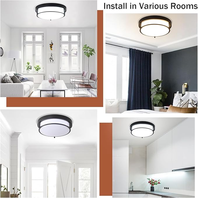 12 inch Black Flush Mount Ceiling Light, 2-Light Hallway Light Fixtures Ceiling, Modern Light Fixtures Ceiling Mount for Kitchen Entryway Bedroom, E26 Socket