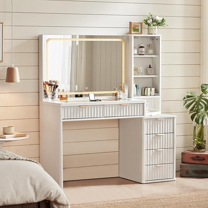 LEYAOYAO Fluted Makeup Vanity Desk with Mirror and Lights, 43.5'' White Vanity Table with Glass Top and Power Outlet, Make Up Vanity with 6 Drawers and Adjustable Shelves for Bedroom