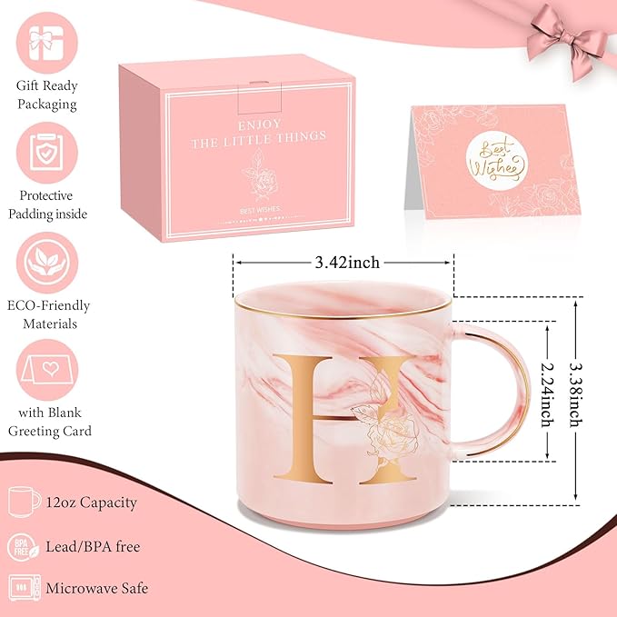 Personalized Gifts for Women Coffee Mug, Initial Customized Gift Monogrammed A-Z Coffee Mug 12 OZ, Christmas Anniversary Birthday Gifts for Women Mom Grandma Friend Sister Wife(H)
