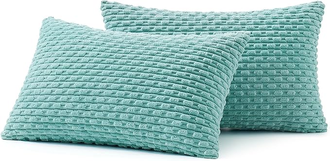MIULEE Throw Pillow Covers Soft Corduroy Decorative Set of 2 Boho Striped Pillow Covers Pillowcases Farmhouse Home Decor for Couch Bed Sofa Living Room 12x20 Inch Aqua Green