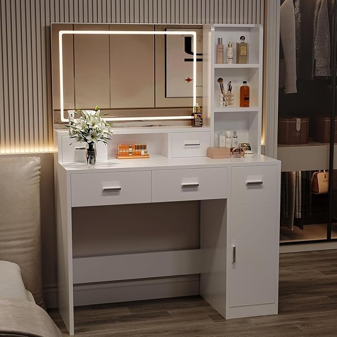 Vanity Desk with Mirror and Lights, Vanity with Soft and Non-Dazzling Lighting,Makeup Vanity with Drawers for Bedroom Dressing Room, Women Girls (White)