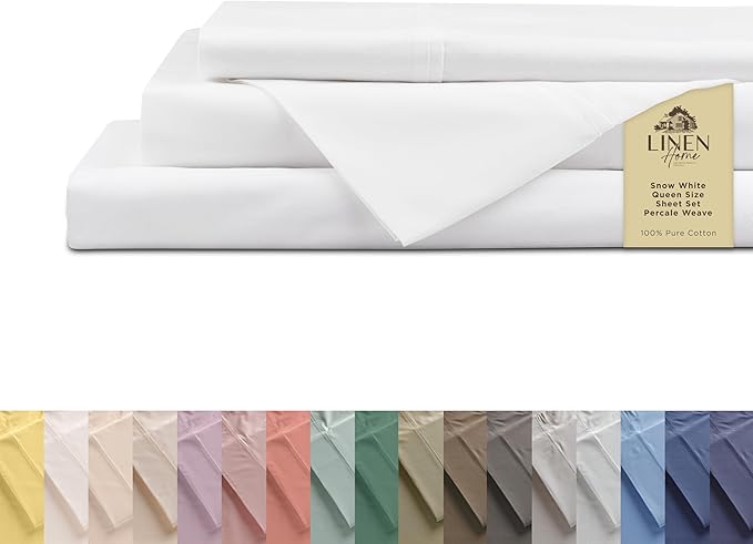 Linen Home 100% Cotton Percale Sheets Queen Size, Snow White, Deep Pocket, 4 Pieces Set - 1 Flat, 1 Deep Pocket Fitted Sheet and 2 Pillowcases, Crisp Cool and Strong Bed Linen