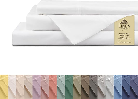 Linen Home 100% Cotton Percale Sheets Queen Size, Snow White, Deep Pocket, 4 Pieces Set - 1 Flat, 1 Deep Pocket Fitted Sheet and 2 Pillowcases, Crisp Cool and Strong Bed Linen