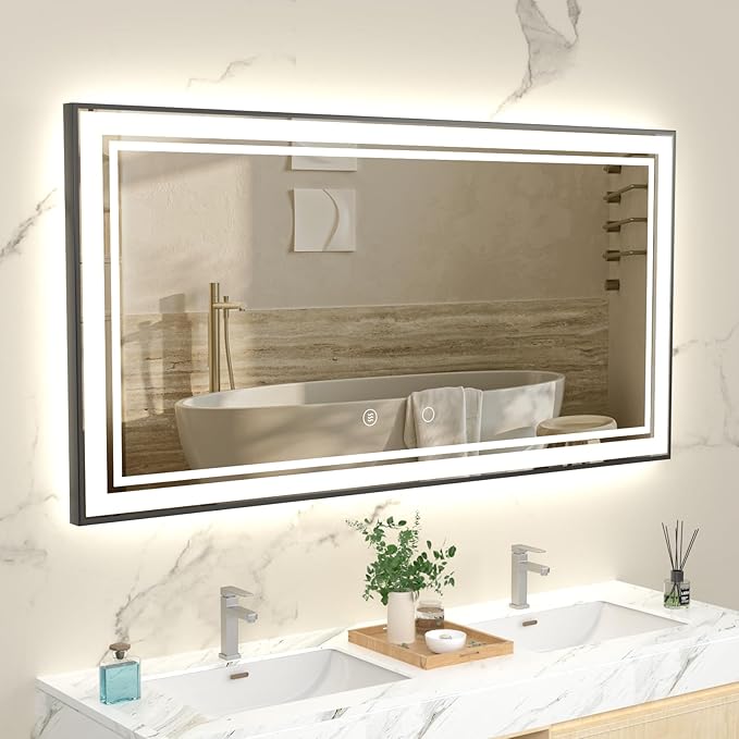 72" x 36" LED Bathroom Mirror with Lights Framed LED Mirror for Bathroom Backlit and Front Lighted Bathroom Mirror Black Square Aluminum Frame Anti-Fog Dimmable Adjustable Shatter-Proof