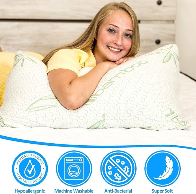King Size Rayon Derived from Bamboo Pillow, Cooling Shredded Memory Foam Bed Pillows Sets for Back, Stomach, Side Sleepers, Adjustable Soft Firm, Washable Cover, King (Pack of 1)