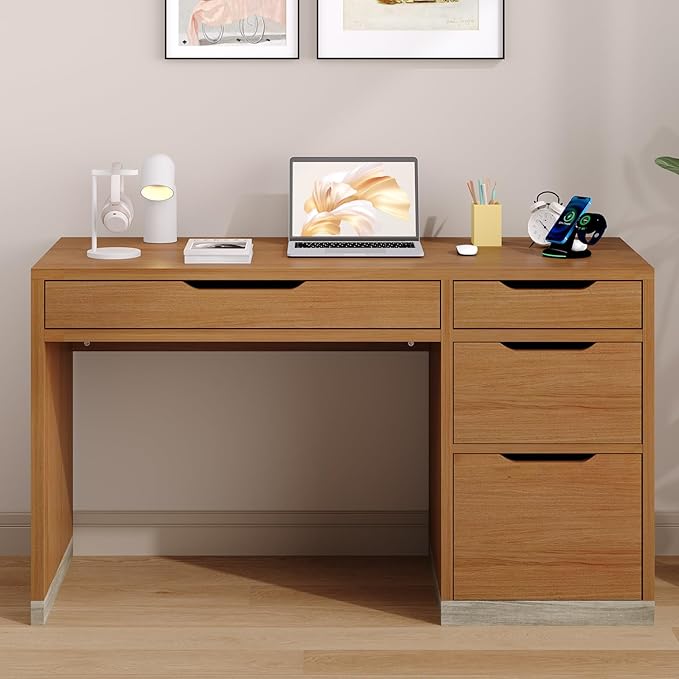 Small Desk with Drawers, 52 Inch Computer Desk with Storage, Home Office Desk with Filing Table for Bedroom, Brown