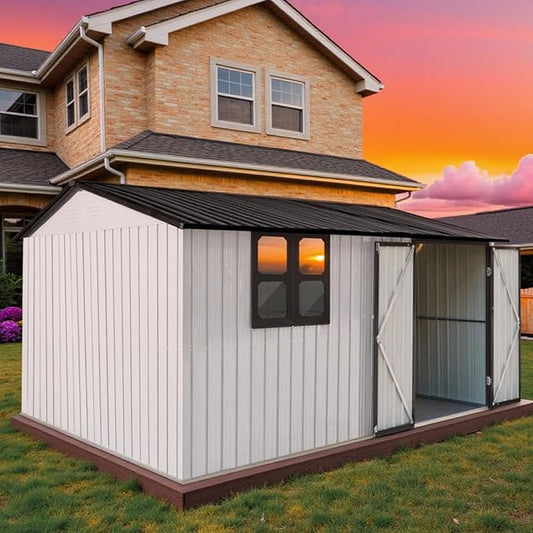 12 x 10 FT Outdoor Storage Shed, Metal Garden Tool Shed with Slooping Roof, Lockable Doors, All-Weather Bike Shed Easy to Assemble for Backyard, Patio, Lawn, White+Black