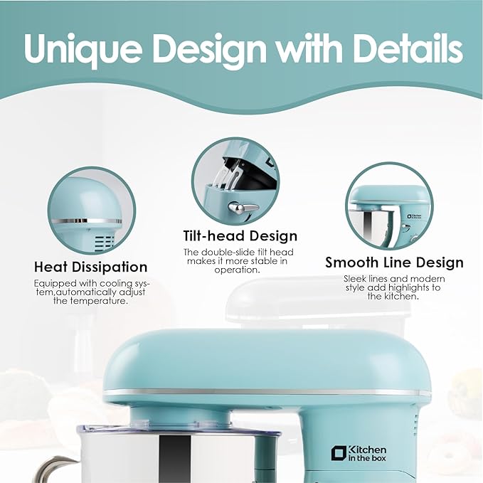 Kitchen in the box Stand Mixer - 900W Kitchen Mixer with Bowl 6.5 QT,Bread Dough Standing Mixers Tilt-head with Dough Hook, Whisk, Flat Beater and Splash Guard (Blue)